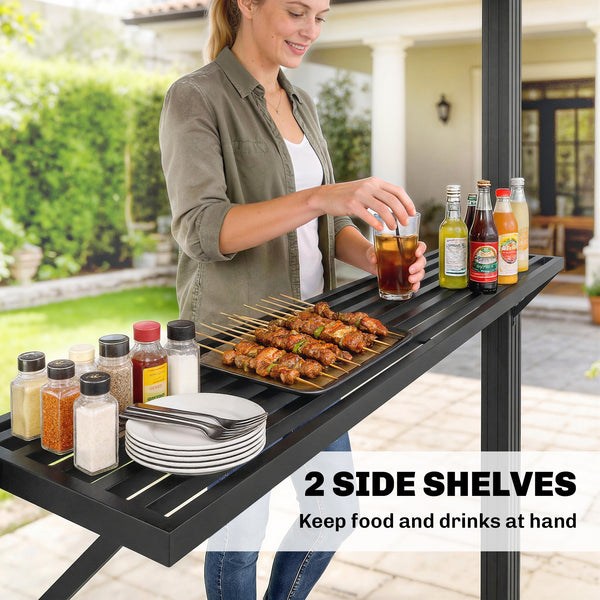 2.5 x 1.5 m Hardtop BBQ Grill Gazebo with Double Polycarbonate Roof, Aluminium Outdoor BBQ Gazebo Shelter Grill Canopy with 2 Side Shelves for Garden Patio, Brown
