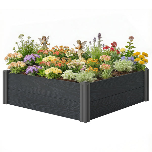 Vinyl Raised Garden Bed Kit, 3 x 3 x 1ft Elevated Garden Box with Open Bottom, Screwless Outdoor Planter Box for Flowers Herbs Vegetables, DIY Assembly, Grey Wood Effect