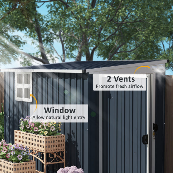 7.6 x 4ft Outdoor Garden Storage Shed, Metal Shed with Window, 2 Vents and Lockable Door for Garden, Patio, Dark Grey