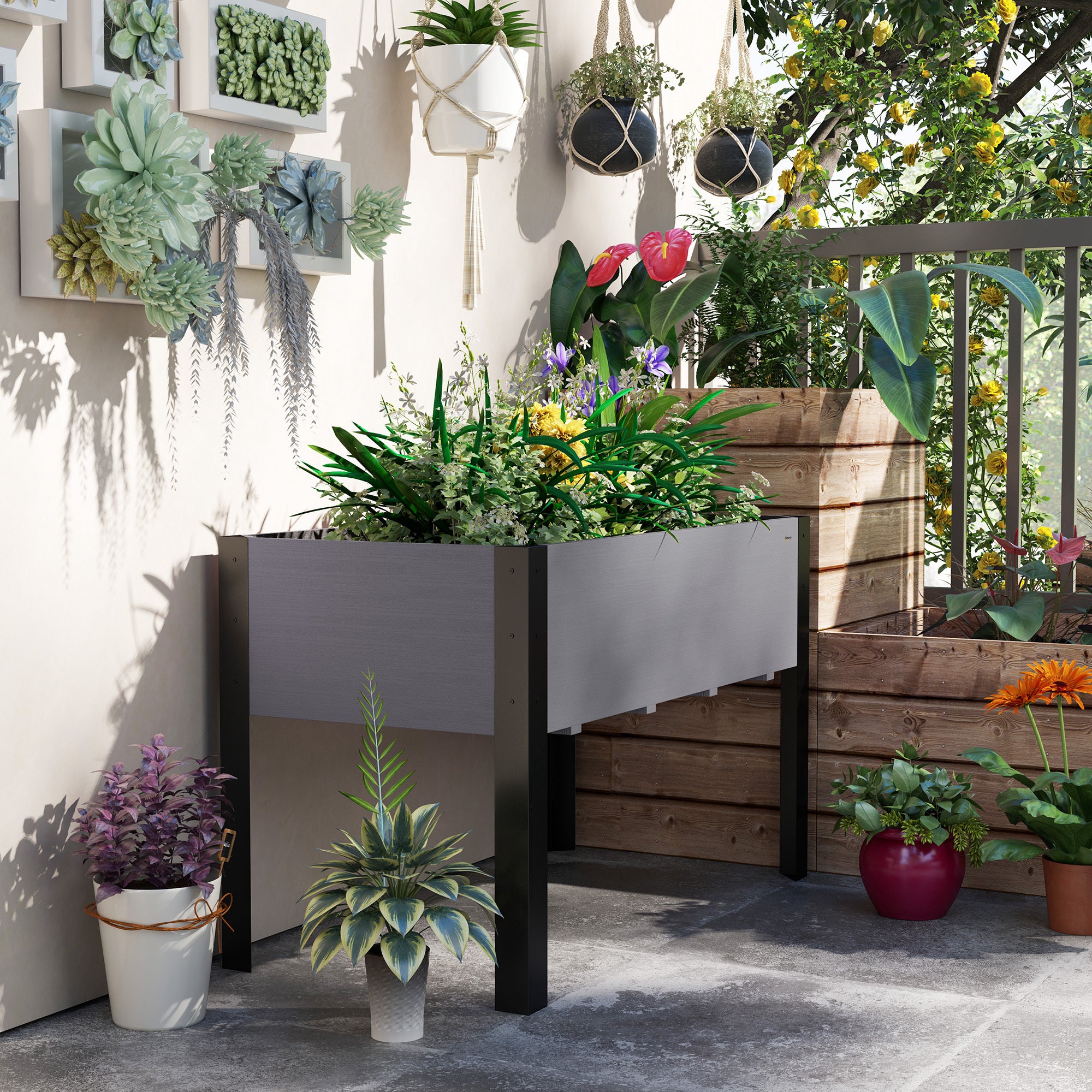 raised plant pot outdoor Outsunny 47" x 24" x 29" Raised Garden Bed with Metal Frame & Wooden Planter, Grey
