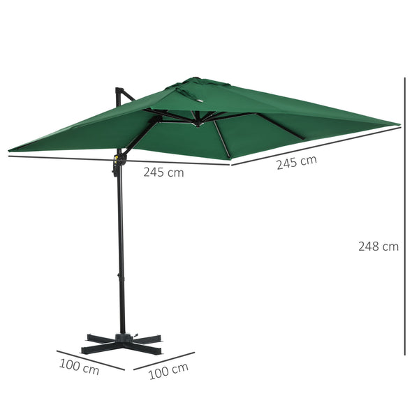 2.5 x 2.5m Patio Offset Parasol Umbrella Cantilever Hanging Aluminium Sun Shade Canopy Shelter 360° Rotation with Crank Handle and Cross Base, Green
