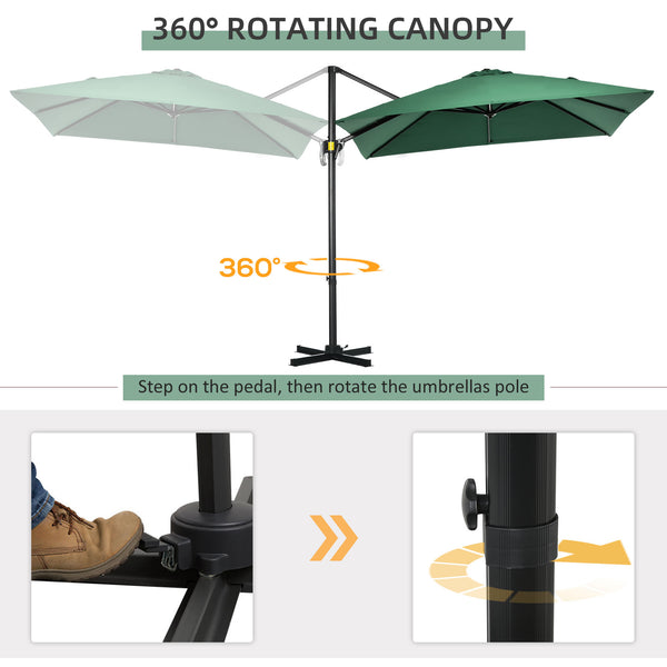 2.5 x 2.5m Patio Offset Parasol Umbrella Cantilever Hanging Aluminium Sun Shade Canopy Shelter 360° Rotation with Crank Handle and Cross Base, Green