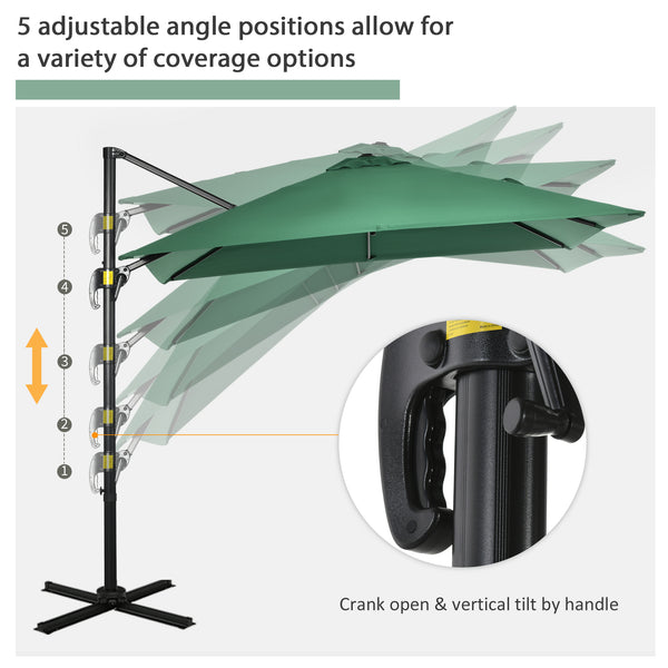 2.5 x 2.5m Patio Offset Parasol Umbrella Cantilever Hanging Aluminium Sun Shade Canopy Shelter 360° Rotation with Crank Handle and Cross Base, Green