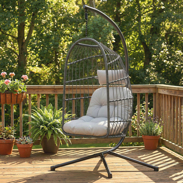 Hanging Egg Chair, Indoor Outdoor Hammock Swing Chair with Stand, Safety Strap, Foldable Basket, Thick Cushions, Headrest, Adjustable Height, Metal Frame for Garden Balcony, Dark/Light Grey