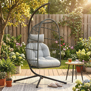 Hanging Egg Chair, Indoor Outdoor Hammock Swing Chair with Stand, Safety Strap, Foldable Basket, Thick Cushions, Headrest, Adjustable Height, Metal Frame for Garden Balcony, Dark/Light Grey
