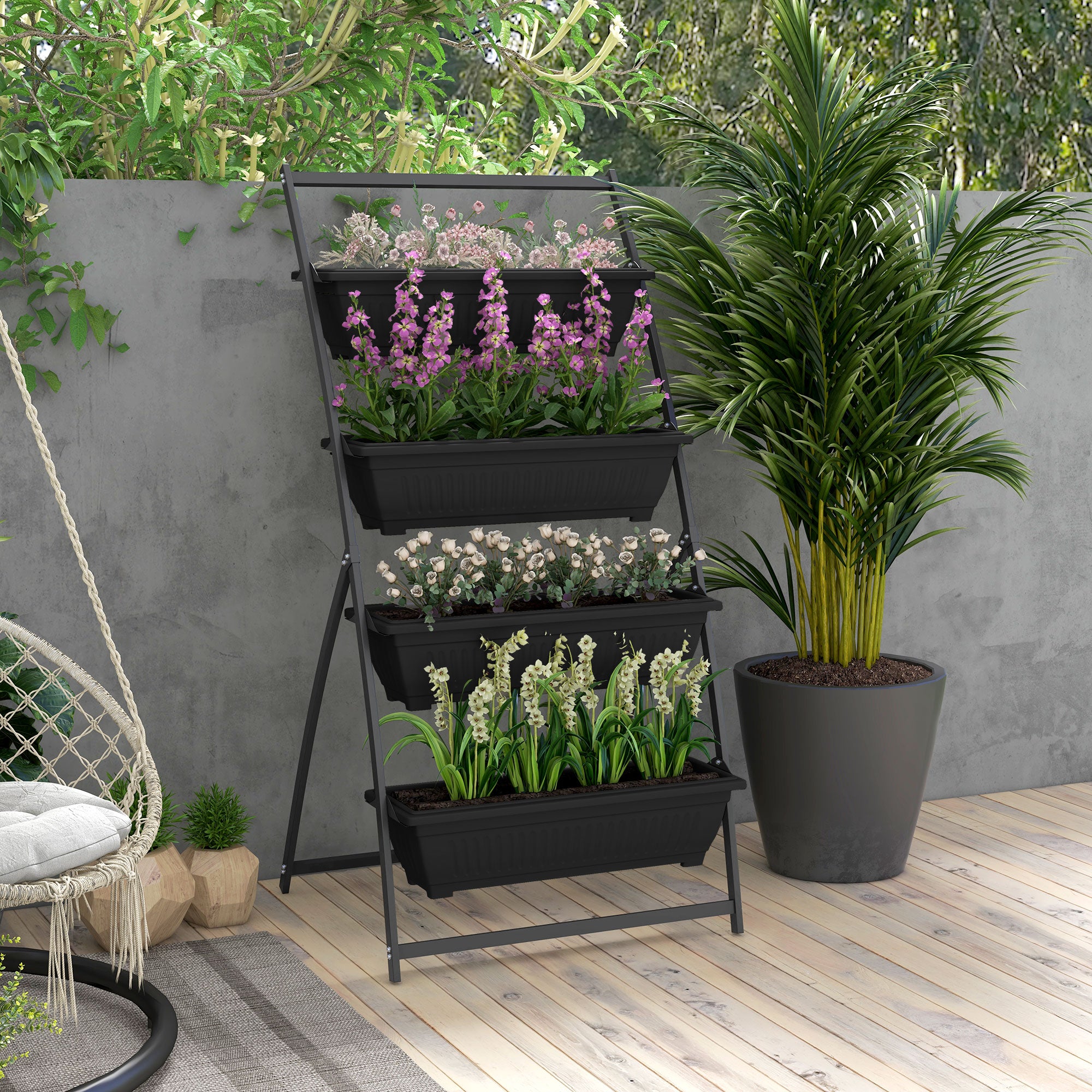 4 pot planter Outsunny 4-Tier Vertical Garden Planter Black Outdoor Plant Stand for Vegetables Flowers with 4 Boxes