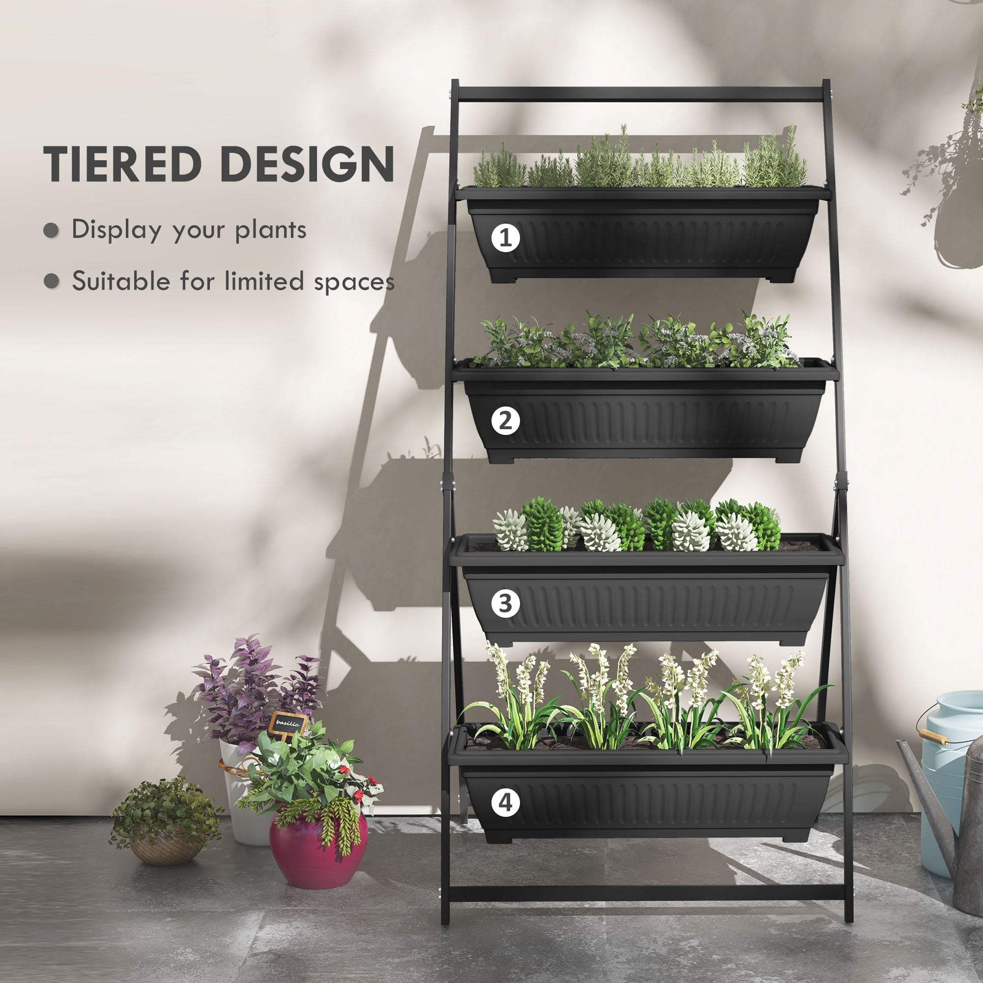 vertical planter rack Outsunny 4-Tier Vertical Garden Planter Black Outdoor Plant Stand for Vegetables Flowers with 4 Boxes