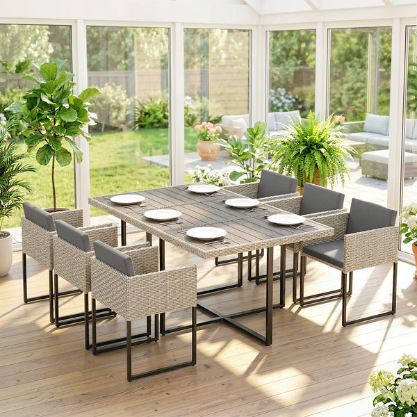 7 Piece Rattan Garden Furniture Set, Garden Dining Set with Wood-Plastic Table and 6 Stackable Chairs, Rattan Table and Chairs with 12 Cushions for Patio Terrace, Light Grey