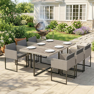 7 Piece Rattan Garden Furniture Set, Garden Dining Set with Wood-Plastic Table and 6 Stackable Chairs, Rattan Table and Chairs with 12 Cushions for Patio Terrace, Light Grey