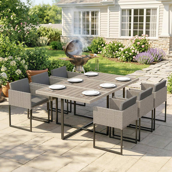 7 Piece Rattan Garden Furniture Set, Garden Dining Set with Wood-Plastic Table and 6 Stackable Chairs, Rattan Table and Chairs with 12 Cushions for Patio Terrace, Light Grey