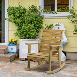 Outsunny Wooden Outdoor Rocking Chair, Traditional Slatted Wood Rocker Chair with Armrests and High Backrest for Indoor & Outdoor, Light Brown