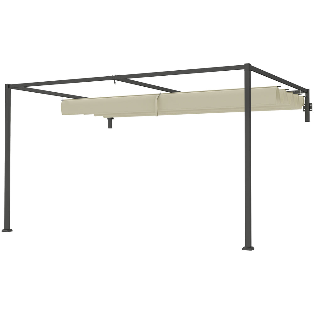 3 x 4m Lean To Pergola with Retractable Roof, Wall Mounted Garden Gazebo Outdoor Sun Shade Shelter for Patio, Deck, Khaki