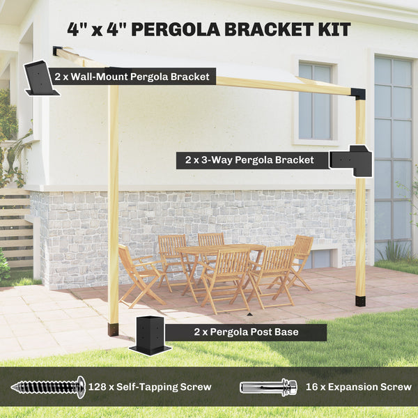 Pergola Kit, 15° Slanted Roof Pergola Bracket Kit with 2 3-Way Corner Brackets, 2 Post Bases, 2 Wall Mounts for 4"x 4" (Actual 3.6" X 3.6") Lumber, 6 PCS DIY Hardware with Screws, Black