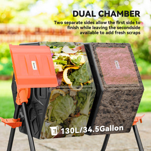 34.5 Gallon Dual Chamber Compost Bin, Rotating Composter, Compost Tumbler with 24 Ventilation Openings and Steel Legs, Orange