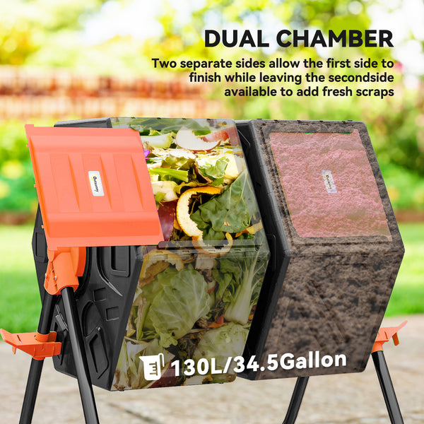 34.5 Gallon Dual Chamber Compost Bin, Rotating Composter, Compost Tumbler with 24 Ventilation Openings and Steel Legs, Orange