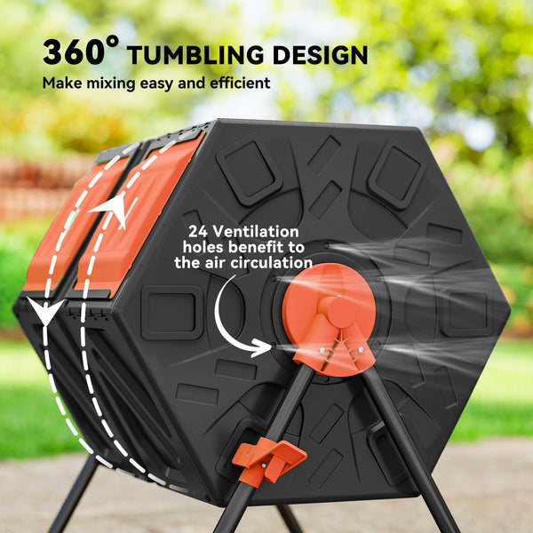 34.5 Gallon Dual Chamber Compost Bin, Rotating Composter, Compost Tumbler with 24 Ventilation Openings and Steel Legs, Orange