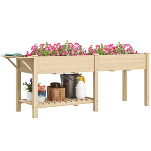 Raised Garden Bed, 81.5 x 23 x 30.5 in Elevated Wood Planter Box w/ Foldable Side Table and Bottom Shelf, Raised Planter w/ Bed Liners and Drainage Holes, Natural