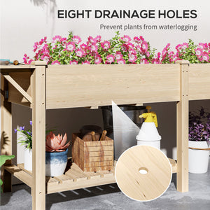Raised Garden Bed, 81.5 x 23 x 30.5 in Elevated Wood Planter Box w/ Foldable Side Table and Bottom Shelf, Raised Planter w/ Bed Liners and Drainage Holes, Natural