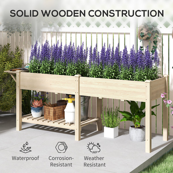 Raised Garden Bed, 81.5 x 23 x 30.5 in Elevated Wood Planter Box w/ Foldable Side Table and Bottom Shelf, Raised Planter w/ Bed Liners and Drainage Holes, Natural