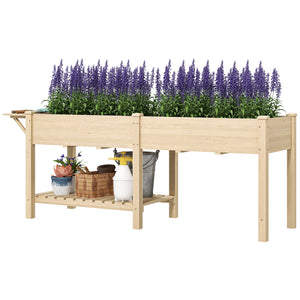 Raised Garden Bed, 81.5 x 23 x 30.5 in Elevated Wood Planter Box w/ Foldable Side Table and Bottom Shelf, Raised Planter w/ Bed Liners and Drainage Holes, Natural