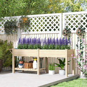 Raised Garden Bed, 81.5 x 23 x 30.5 in Elevated Wood Planter Box w/ Foldable Side Table and Bottom Shelf, Raised Planter w/ Bed Liners and Drainage Holes, Natural