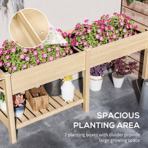 Raised Garden Bed, 81.5 x 23 x 30.5 in Elevated Wood Planter Box w/ Foldable Side Table and Bottom Shelf, Raised Planter w/ Bed Liners and Drainage Holes, Natural