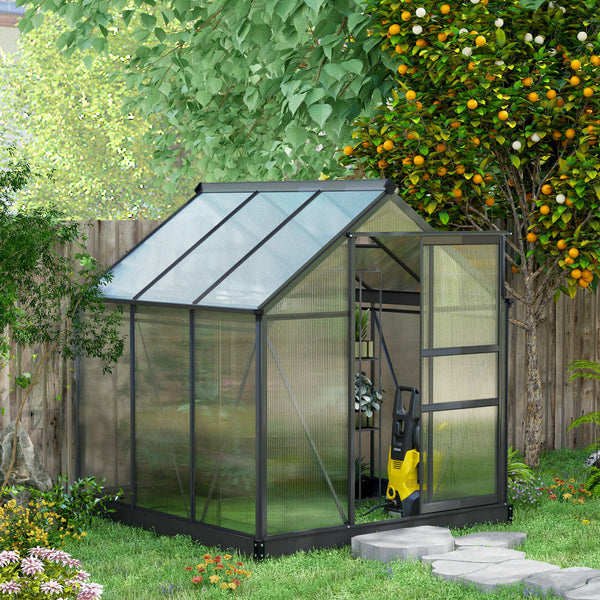 Outsunny 6' x 6' Greenhouse for Outdoors, Polycarbonate Greenhouse with Rain Gutter and Roof Vent, Aluminum Walk-in Green Houses for Outside for Patio Backyard Garden, Gray