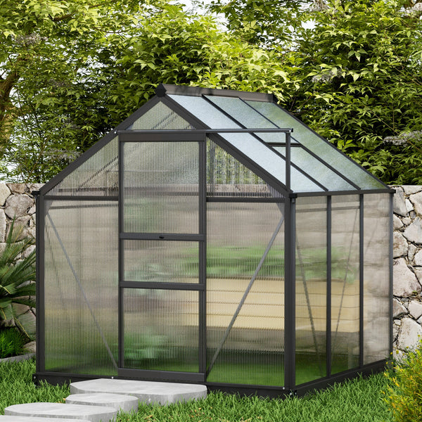 Outsunny 6' x 6' Greenhouse for Outdoors, Polycarbonate Greenhouse with Rain Gutter and Roof Vent, Aluminum Walk-in Green Houses for Outside for Patio Backyard Garden, Gray