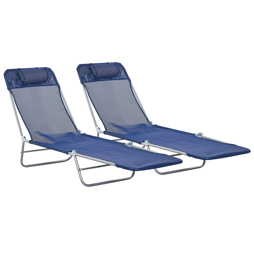 Outsunny 2 Piece Folding Chaise Lounge Chairs, Pool Sun Tanning Chairs, Outdoor Lounge Chairs with Reclining Back, Breathable Mesh Seat, Headrest for Beach, Yard, Patio, Dark Blue