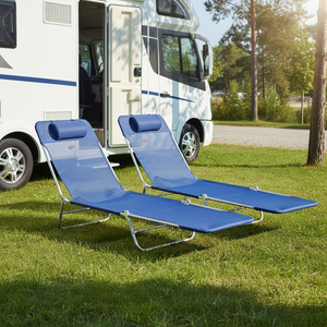 2-Piece Folding Sun Loungers with Reclining Back, Breathable Mesh & Headrest, Dark Blue