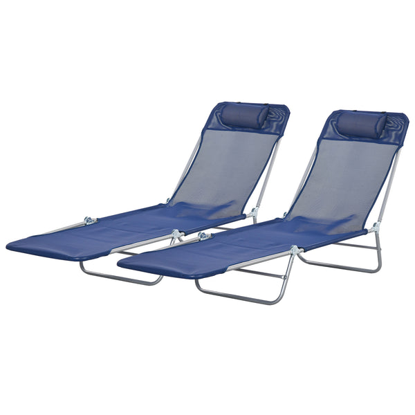 Outsunny 2 Piece Folding Chaise Lounge Chairs, Pool Sun Tanning Chairs, Outdoor Lounge Chairs with Reclining Back, Breathable Mesh Seat, Headrest for Beach, Yard, Patio, Dark Blue