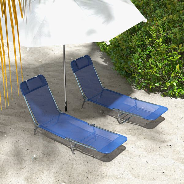 Outsunny 2 Piece Folding Chaise Lounge Chairs, Pool Sun Tanning Chairs, Outdoor Lounge Chairs with Reclining Back, Breathable Mesh Seat, Headrest for Beach, Yard, Patio, Dark Blue