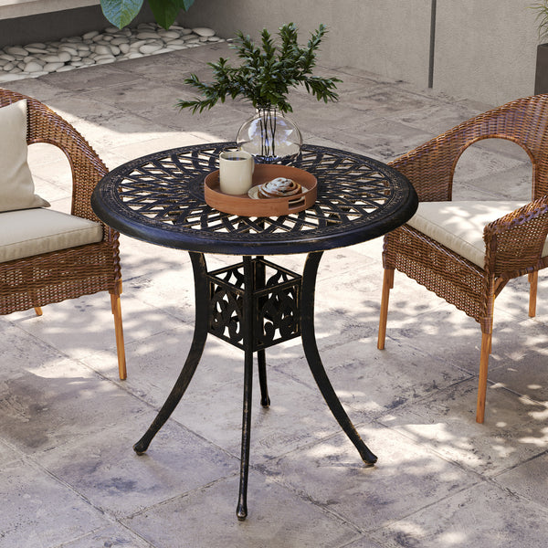 30-inch Round Patio Dining Table with Umbrella Hole Cast Aluminium Outdoor Bistro Table Only, Brown
