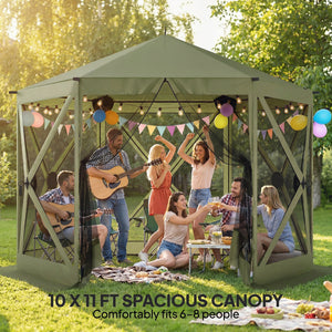 10 x 11 ft Pop Up Gazebo Screen Tent, Outdoor Portable Instant Camping Canopy Screen House Sun Shelter with Mesh Nettings, Carry Bag, Ground Stakes, Ropes for Patio, Backyard, Dark Green
