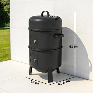 3-in-1 Vertical Barbecue Charcoal Smoker with 2 Grill Grates, Built-in Thermometer, Adjustable Vent, 2 Doors, Outdoor BBQ Smoker Grill for Camping, Parties, Picnic