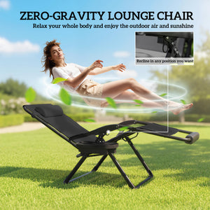 Zero Gravity Lounger Chair, Padded Folding Reclining Patio Chair with Cup Holder, Detachable Headrest, Extra Wide Seat, 400 LBS Capacity for Pool, Camping, Black