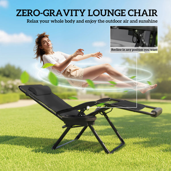 Zero Gravity Lounger Chair, Padded Folding Reclining Patio Chair with Cup Holder, Detachable Headrest, Extra Wide Seat, 400 LBS Capacity for Pool, Camping, Black