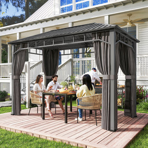 2 x 3.5 m Hardtop Gazebo with Galvanised Steel Roof, Waterproof Permanent Pavilion Garden Gazebo with Netting and Curtains for Patio, Deck, Dark Grey