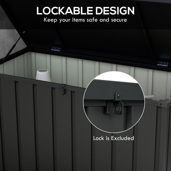 119 Gallon Deck Box, Outdoor Storage Box with Wheels and Handles, Lockable Galvanised Steel Outside Storage Container for Tools, Cushions, Dark Grey