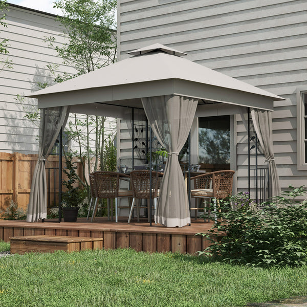3(m) x 3(m) Garden Gazebo, Double Roof Outdoor Gazebo Canopy Shelter with Netting, Solid Steel Frame, for Garden, Lawn and Deck, Light Grey