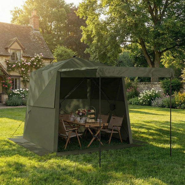 2 x 2 m Pop Up Gazebo with Awning, Waterproof Instant Shelter for Garden BBQ, Fishing, Camping, Easy Setup Garden Gazebo with Sides, Mesh Windows & Carry Bag, Army Green