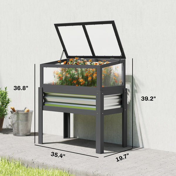 Wooden Raised Garden Bed with Flip-Up Greenhouse Top, Raised Garden Bed with Legs and Bed Liner, Elevated Planter Box for Flowers, Vegetables, Herbs, Gray