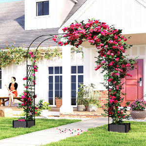 7.2ft Garden Arch with 2 Planter Boxes, PE-Coated Steel Outdoor Trellis Arbor for Climbing Plants, Wedding Arch for Party Outdoor Garden Backyard, Black