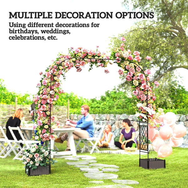 7.2ft Garden Arch with 2 Planter Boxes, PE-Coated Steel Outdoor Trellis Arbor for Climbing Plants, Wedding Arch for Party Outdoor Garden Backyard, Black