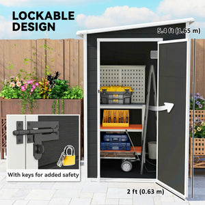 4 x 5FT Plastic Garden Shed with Floor, Lean to Outdoor Storage Shed, Lockable Tool Storage House with Window, Vent and Plastic Roof, Black