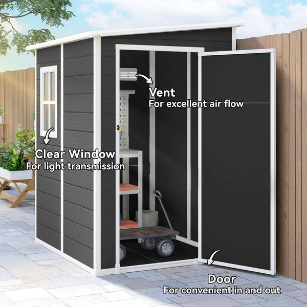 4 x 5FT Plastic Garden Shed with Floor, Lean to Outdoor Storage Shed, Lockable Tool Storage House with Window, Vent and Plastic Roof, Black