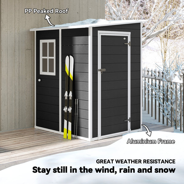 4 x 5FT Plastic Garden Shed with Floor, Lean to Outdoor Storage Shed, Lockable Tool Storage House with Window, Vent and Plastic Roof, Black
