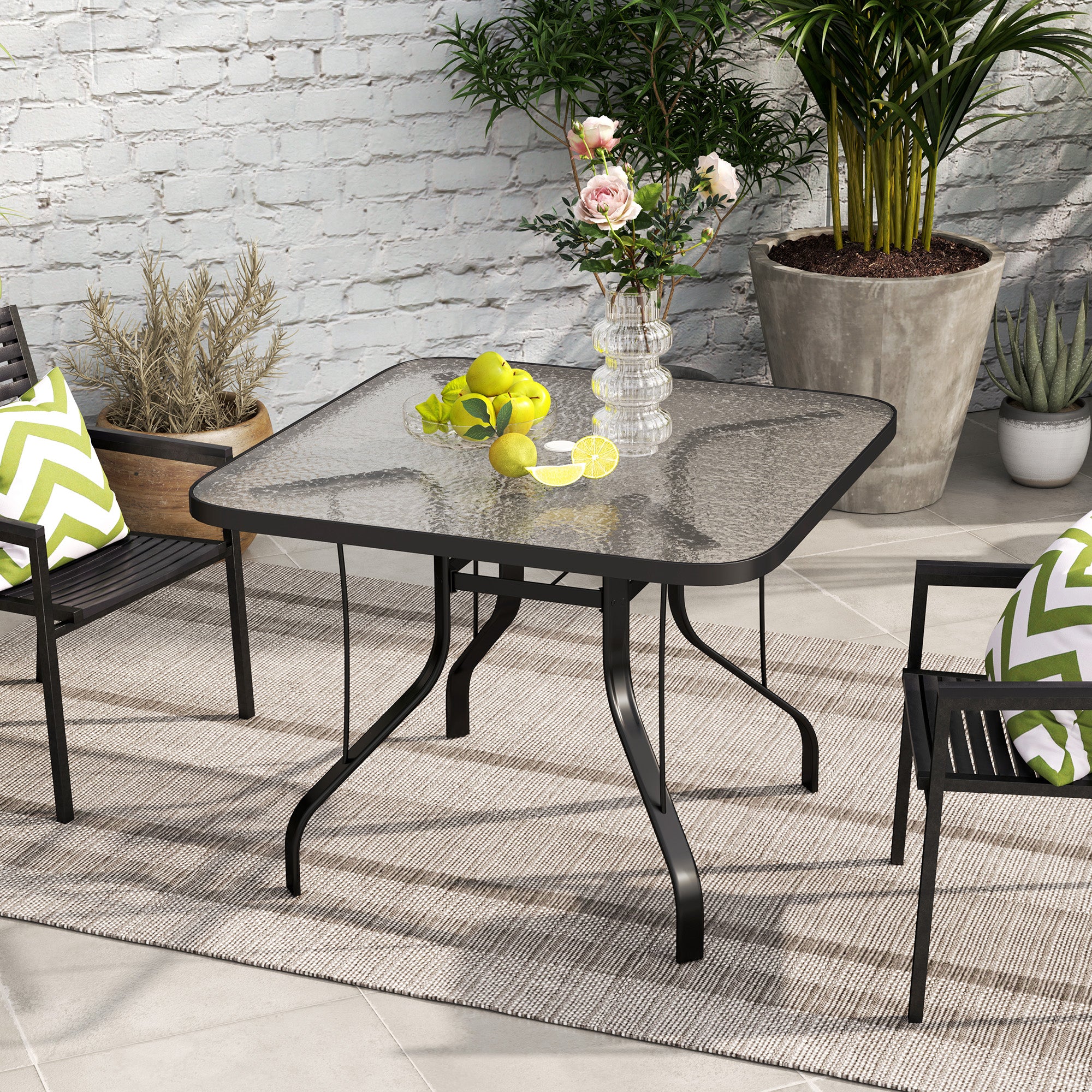 glass top patio dining table with umbrella hole Outsunny Square Patio Dining Table w/ 2.1" Umbrella Hole & Tempered Glass for Garden, Black