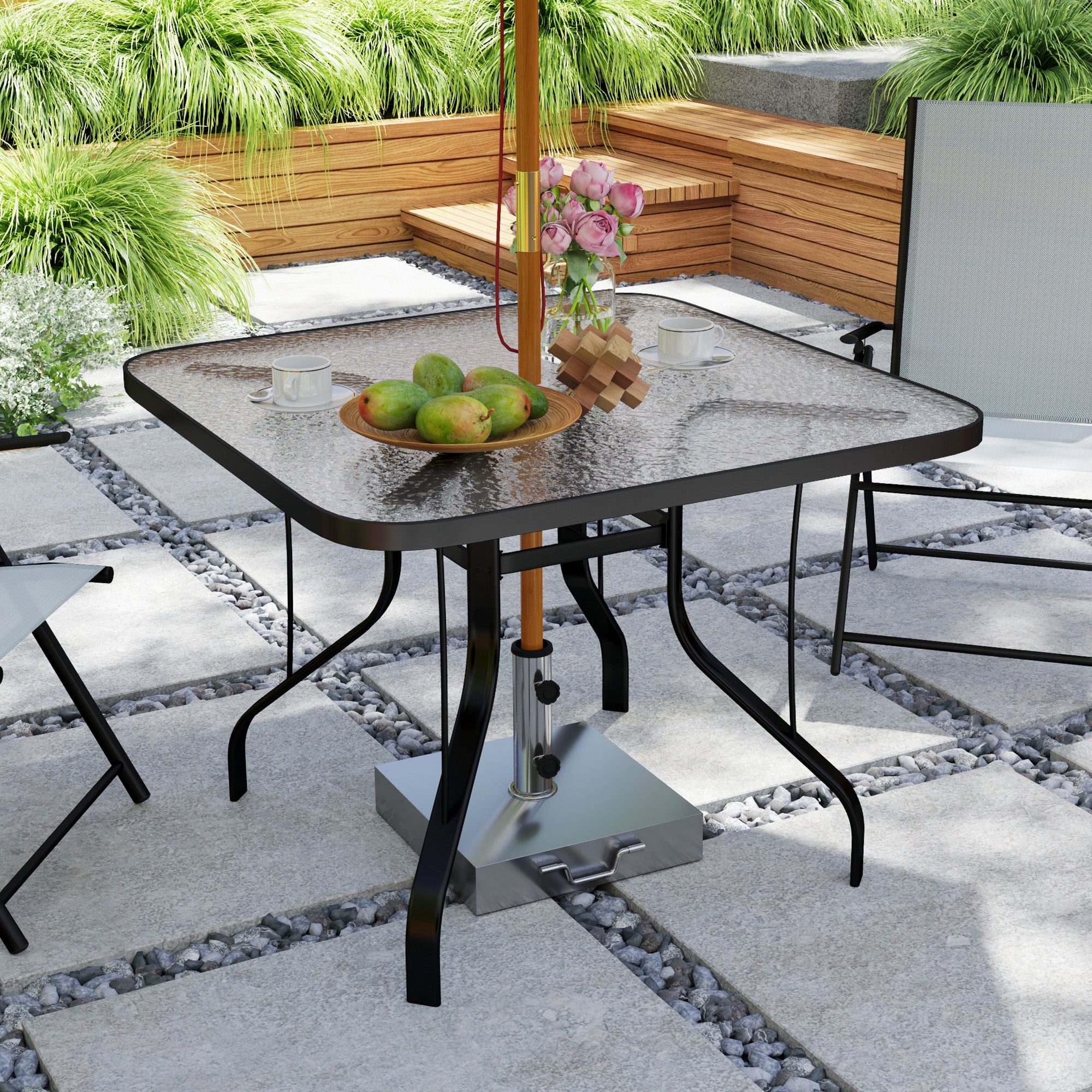 Square Patio Dining Table w/ Umbrella Hole Tempered Glass for Garden, Black