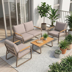 4 Piece Patio Furniture Set, Outdoor Conversation Set with Loveseat, 2 Armchairs, Coffee Table and Cushions, Garden Furniture with Metal Frame for Poolside Porch, Brown